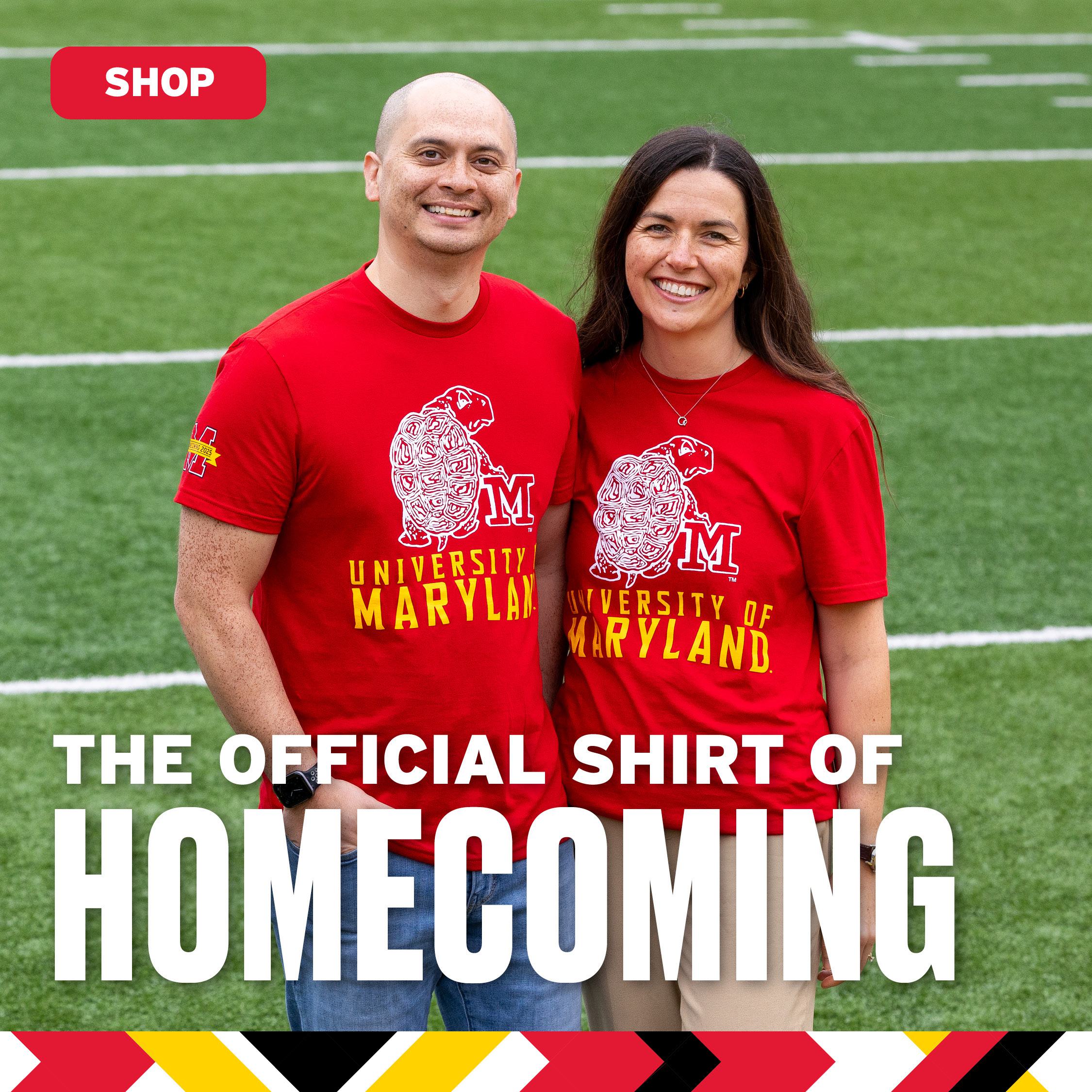 Alums wearing the official shirt of Homecoming 2025 | Shop button