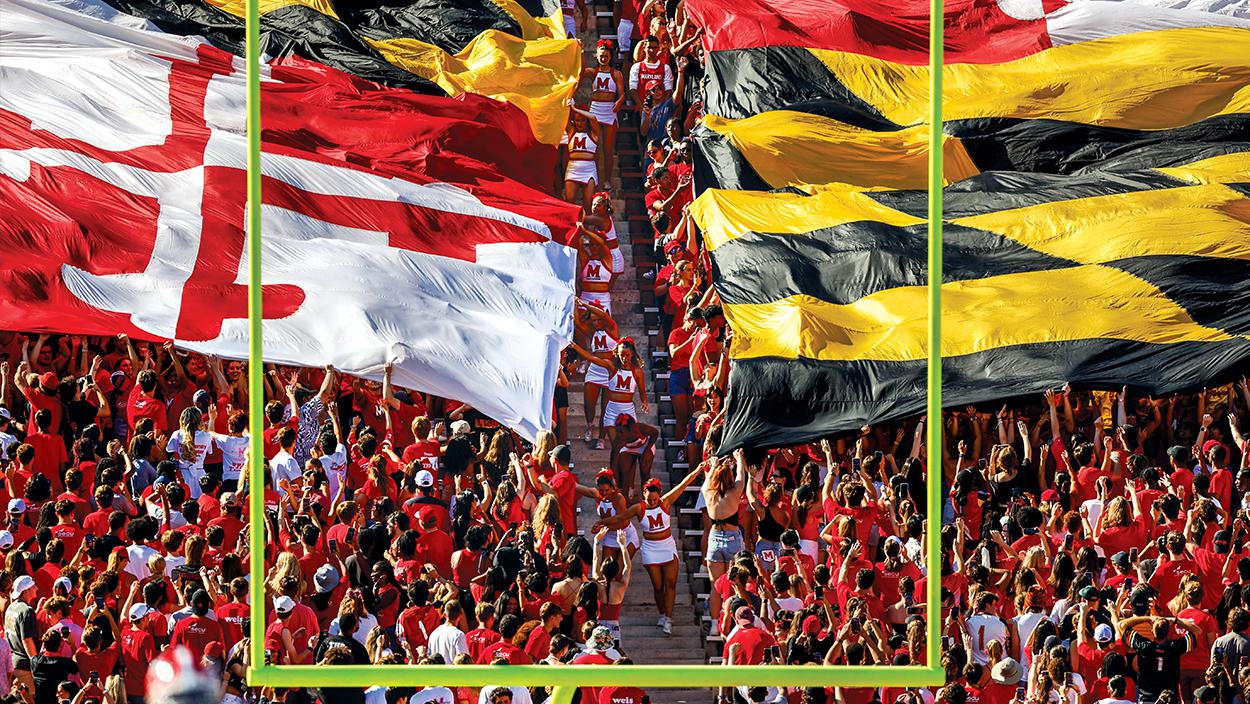 Maryland flag drop in the stands at a football game