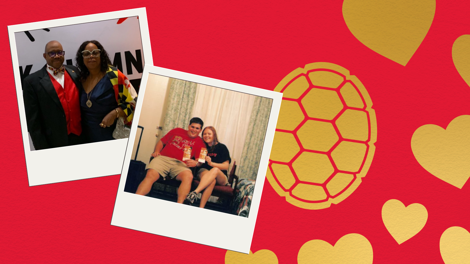 Red background with gold shell and hearts. Two polaroids with Terp couple photos