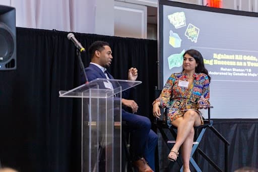 The keynote address for the inaugural Young Alumni Conference titled “Against All Odds, Finding Success as a Young Alum” featured Rehan Staton ’18 and moderator Catalina Mejía ’18.