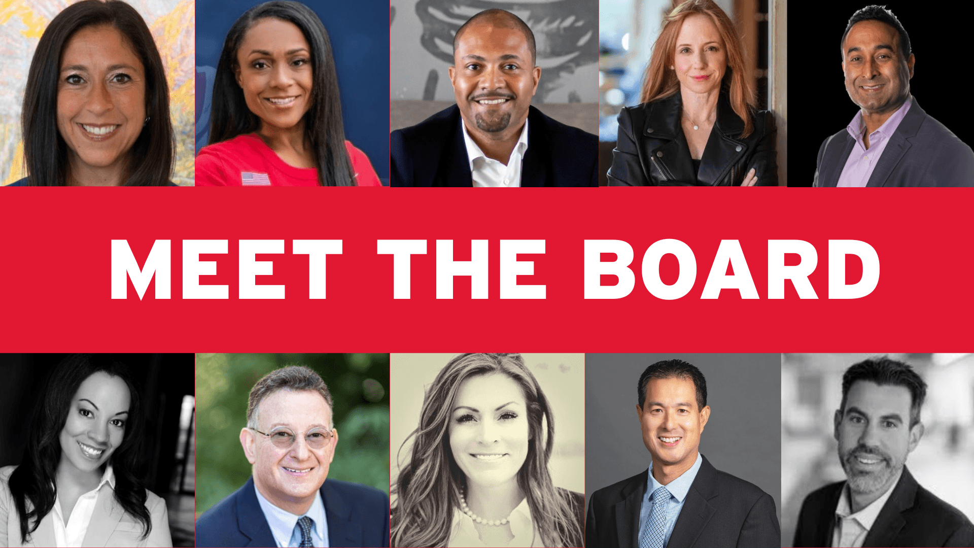 headshots of 10 new board members with text that reads "Meet the Board"