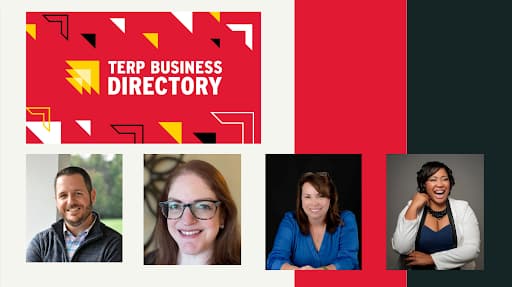 Terp Business directory logo plus headshots of the 4 featured alums