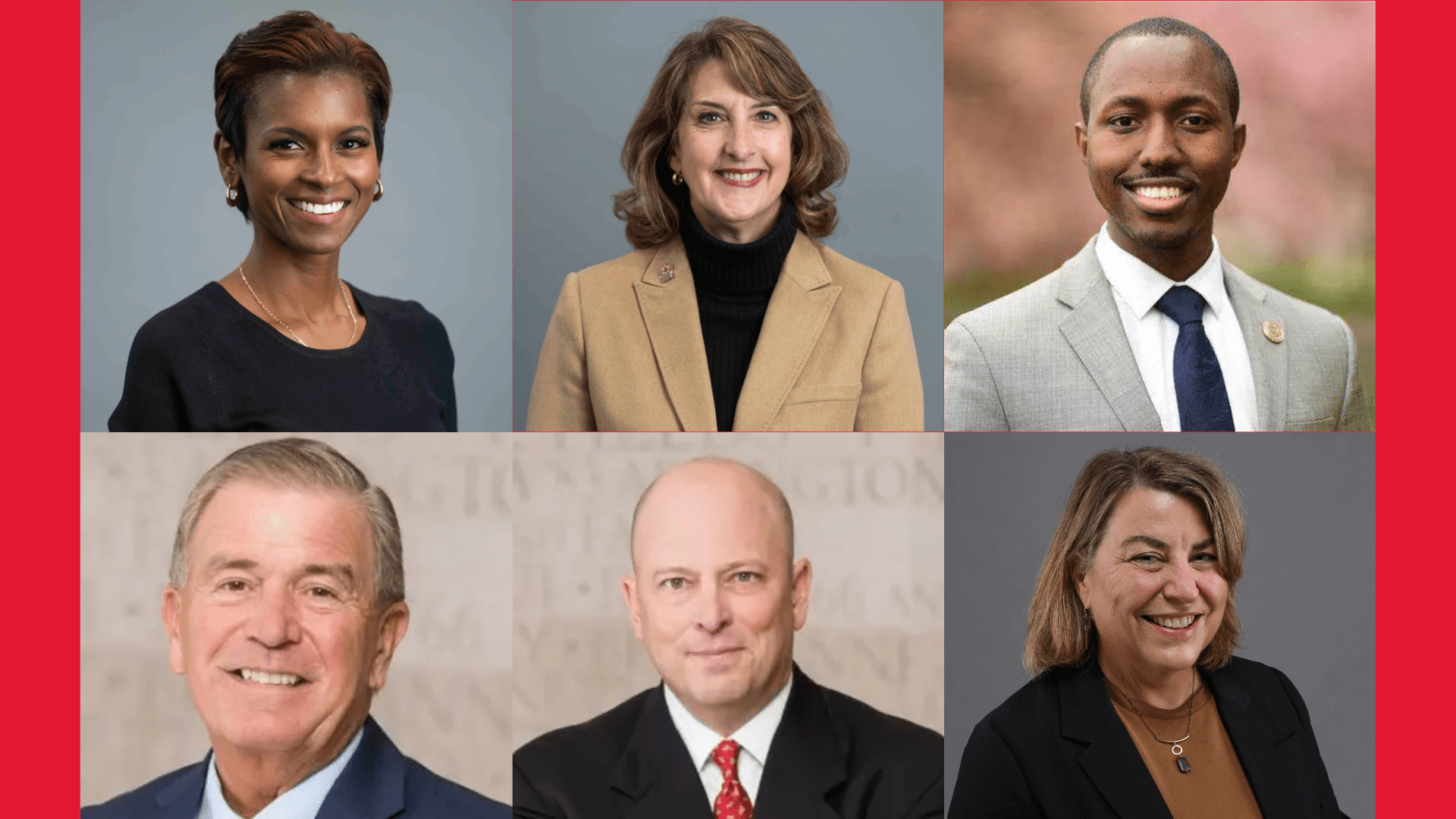 headshots of the 6 departing board members on a red background