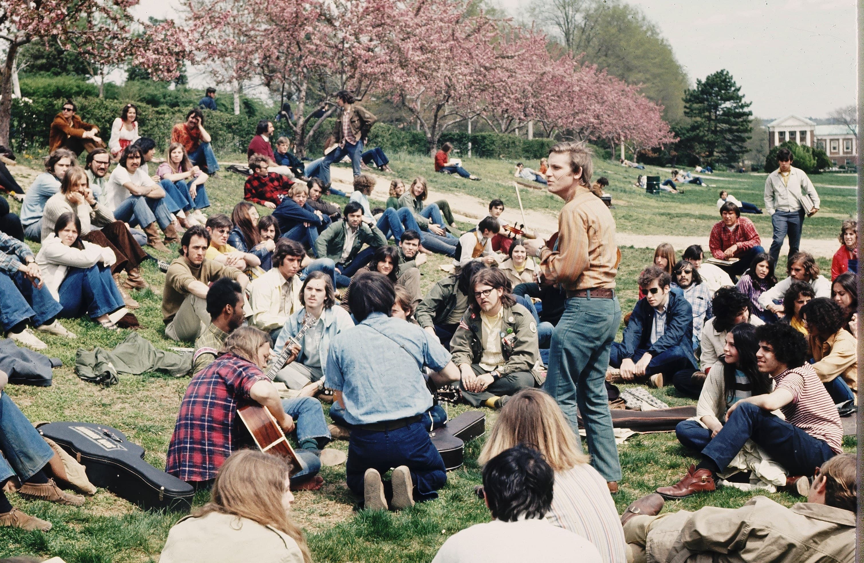 Group of students outside on the mall in 1971