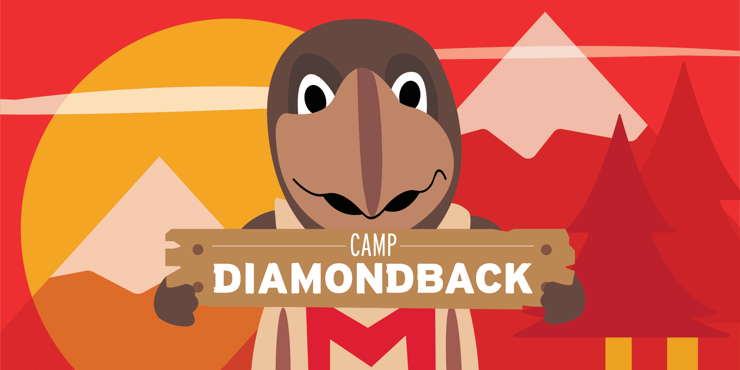 Testudo illustration with sun and mountains behind him while he is holding a sign that reads Camp Diamondback