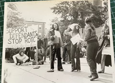 Student demonstration on the library steps in the early 1970s