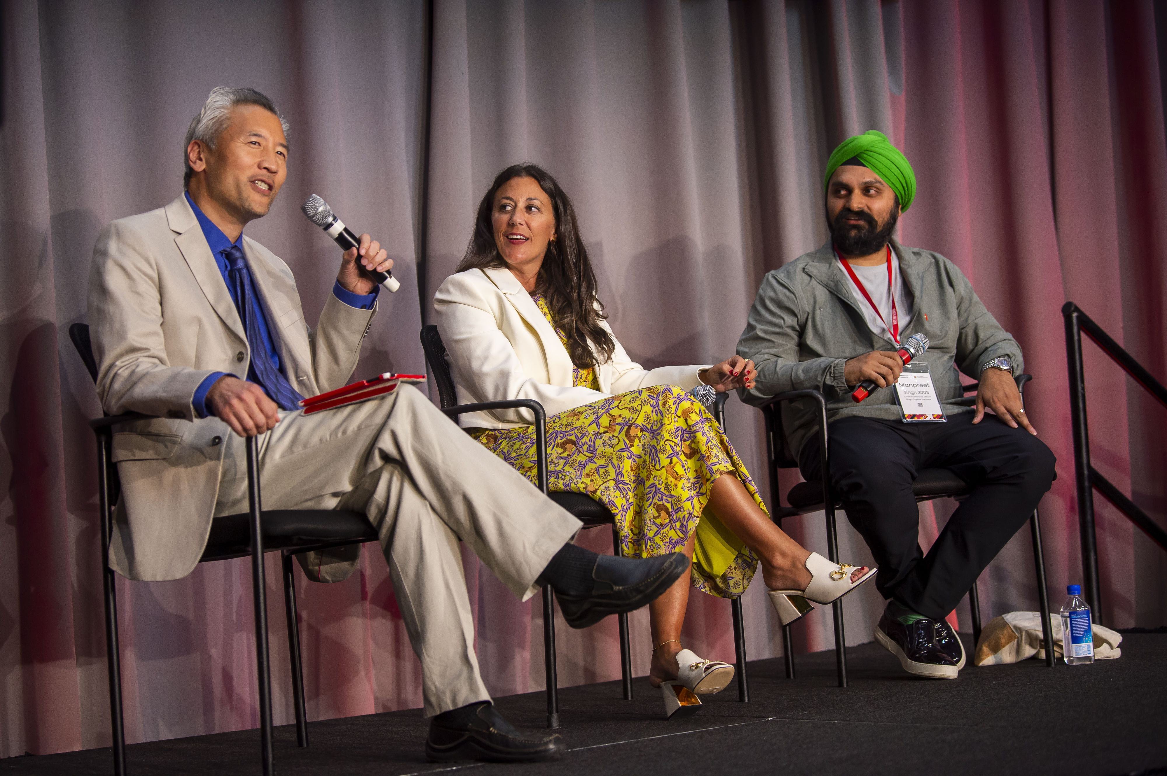 Dean Chang, Ph.D. moderates a conversation about the future of entrepreneurship between Cate Luzio '97 and Manpreet Singh '03 at the 2022 EnTERPreneur Conference.