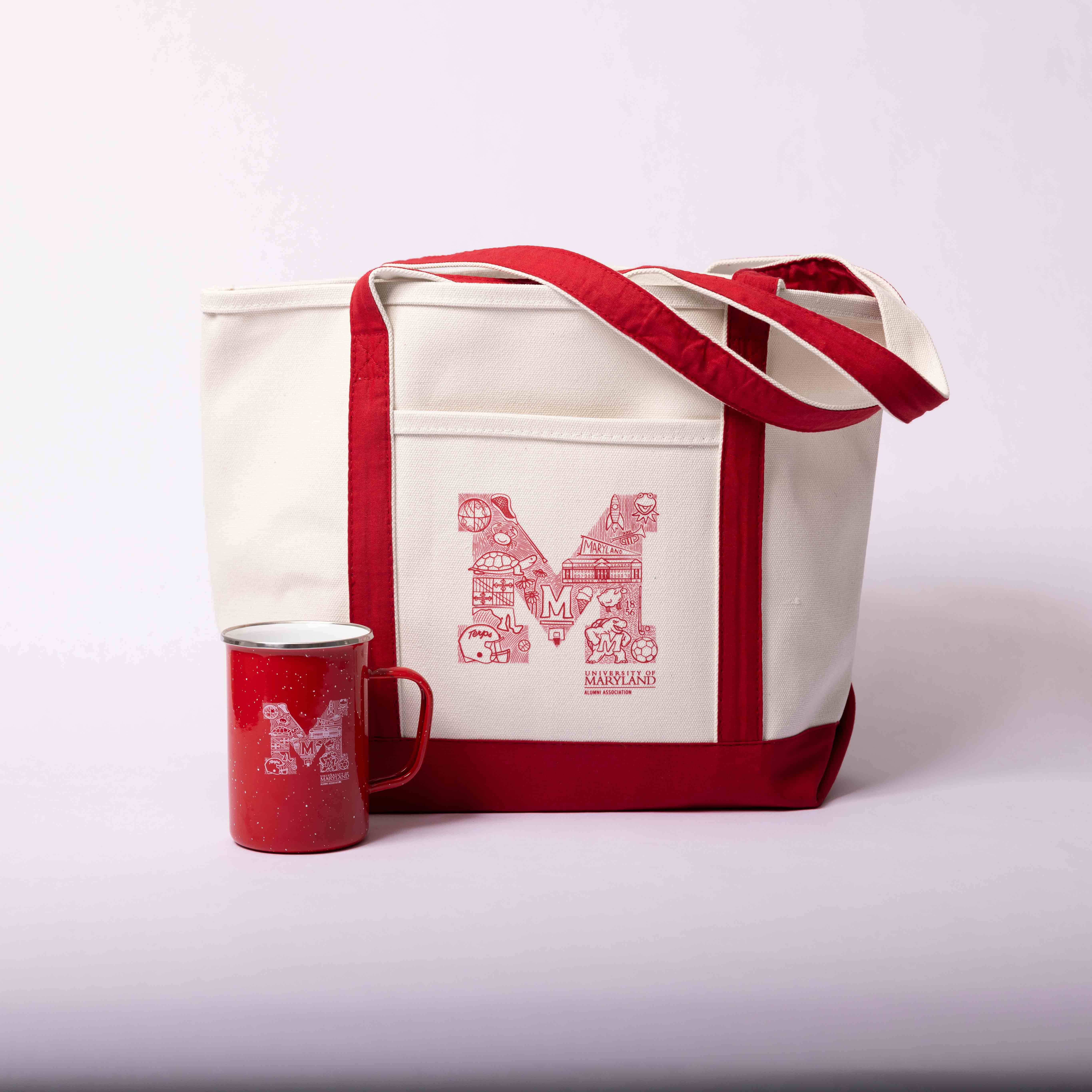 Custom mug or tote bag with the Maryland "M" comprised of iconic Maryland symbols