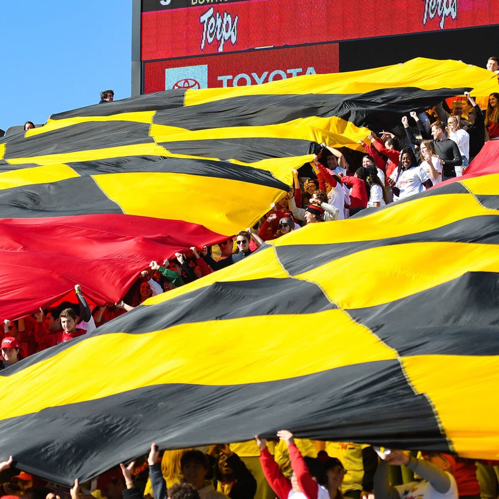 The Maryland flag is being held and waved during Homecoming at UMD.
