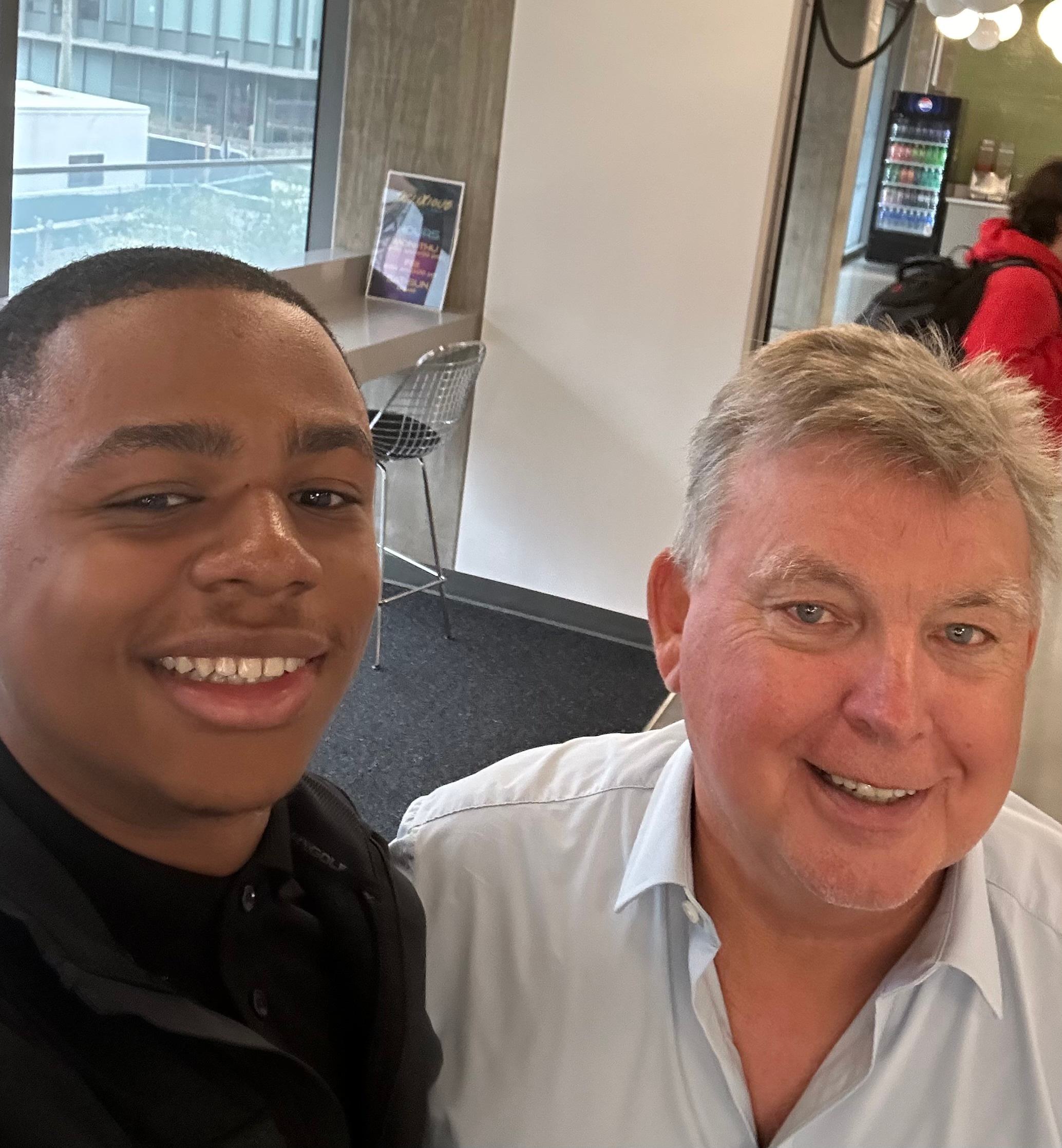 Kyon Winston-Bey ’27 and Bill Smith ’81 during their visit in College Park this summer