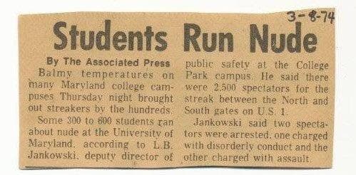 Clipping of a newspaper article from March 1974 with the headline Students Run Nude