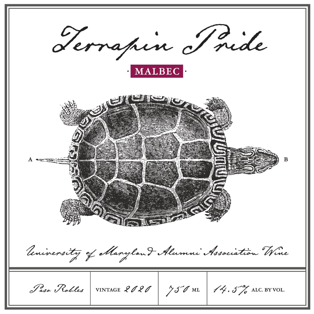 Terrapin Pride Malbec | University of Maryland Alumni Association Wine | Paso Robles | Vintage 2020 | 750 ML | 14.5% Alc. By Vol.
