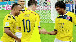 The Colombian Men's World Cup team dancing Cumbia after a goal.