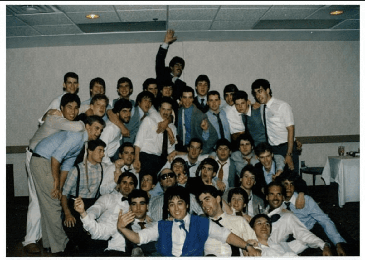 Delta Sigma Phi fraternity brothers gather, circa 1987.