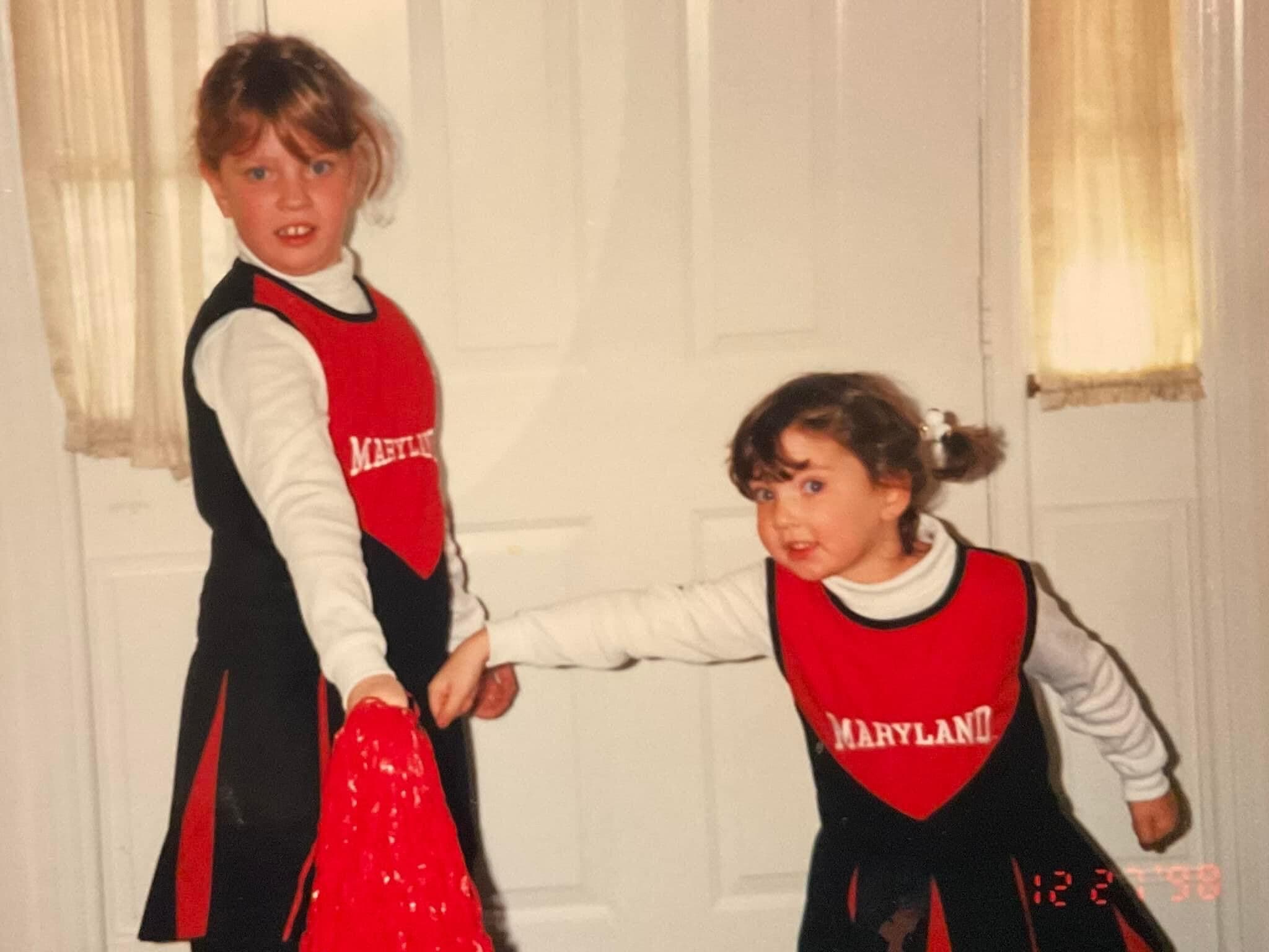 Stephanie Groff '13 and Hayley Groff '16 dress up as Maryland cheerleaders